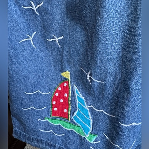 Vintage Denim Dress Nautical Embroidery Pockets Coastal Grandma L - Picture 6 of 10